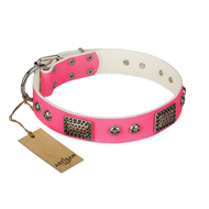 "Fashion Skulls" FDT Artisan Pink Leather English Bulldog Collar with Old Silver Look Plates and Skulls "Fashion Skulls" FDT Artisan Pink Leather English Bulldog Collar with Old Silver Look Plates and Skulls