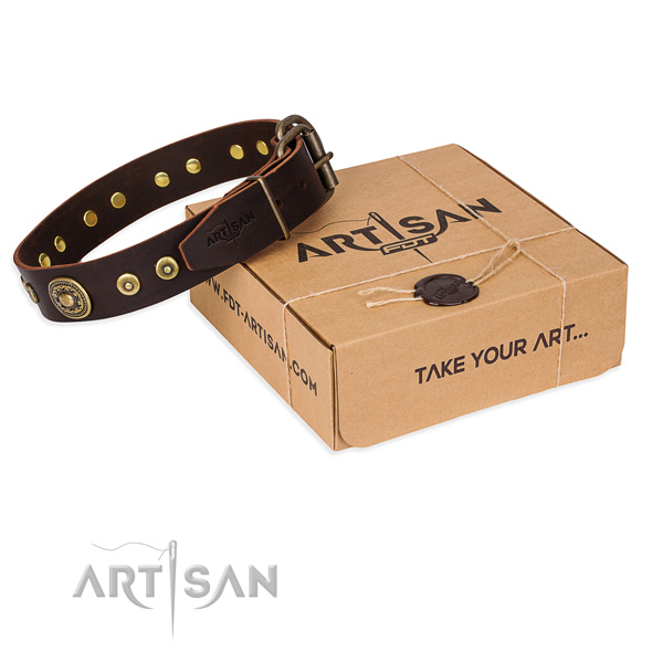 Natural genuine leather dog collar made of soft material with rust resistant hardware