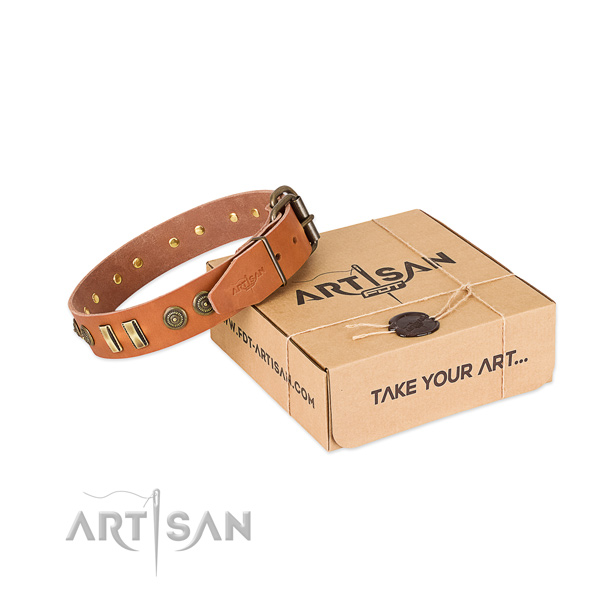 Rust resistant adornments on genuine leather dog collar for your dog