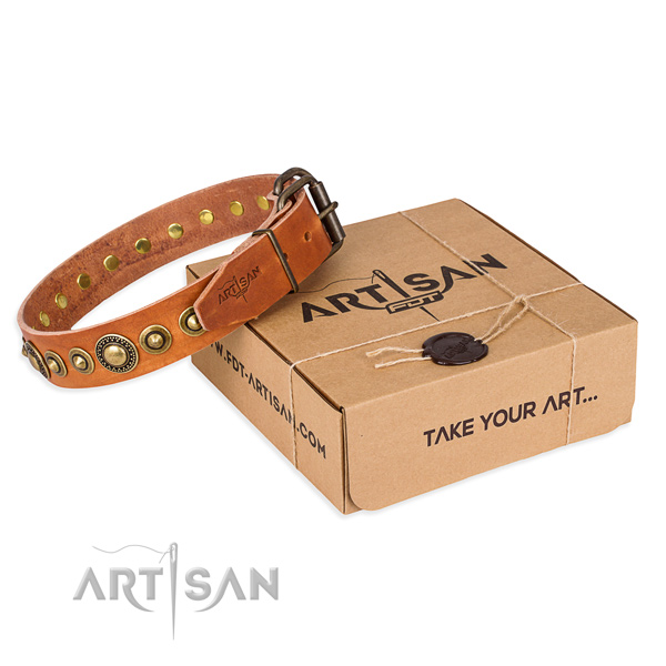 Gentle to touch natural genuine leather dog collar handcrafted for comfy wearing