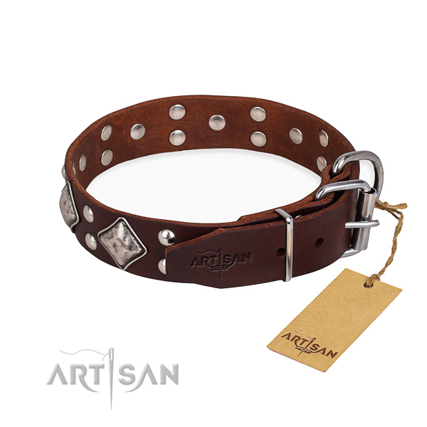 Full grain leather dog collar with top notch corrosion resistant decorations