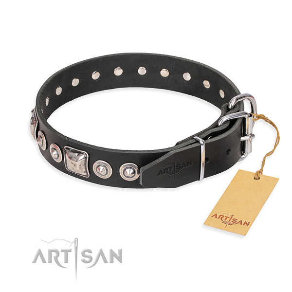 Full grain natural leather dog collar made of reliable material with strong studs