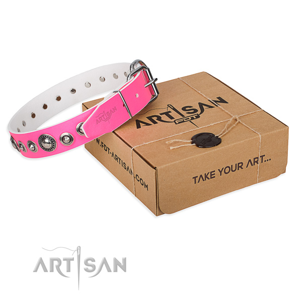 Genuine leather dog collar made of soft to touch material with reliable hardware