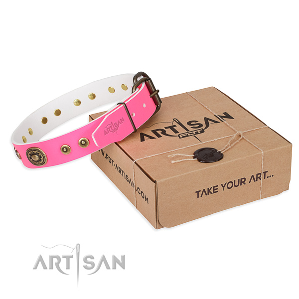 Natural genuine leather dog collar made of flexible material with corrosion resistant traditional buckle