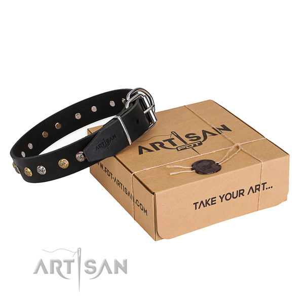 Reliable natural genuine leather dog collar created for handy use