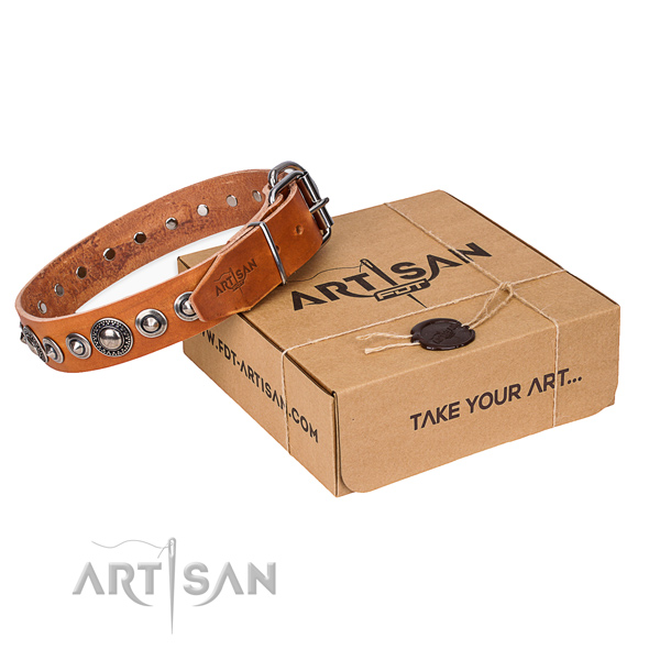 Natural genuine leather dog collar made of top rate material with durable hardware