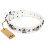 "Intergalactic Travelling" FDT Artisan Handcrafted White Leather English Bulldog Collar "Intergalactic Travelling" FDT Artisan Handcrafted White Leather English Bulldog Collar