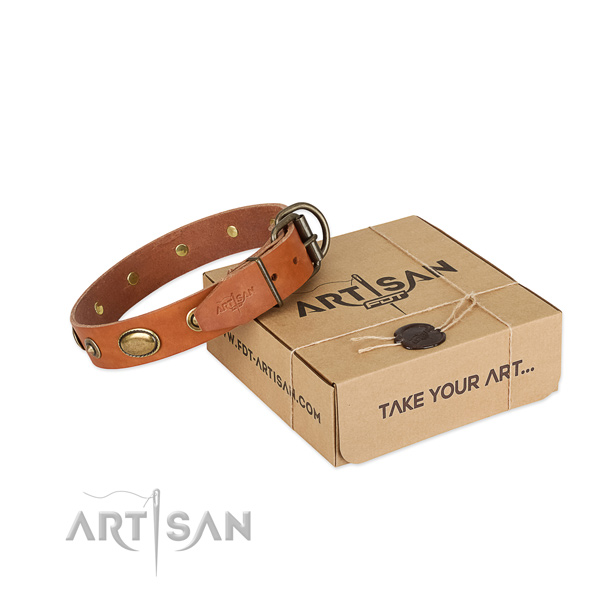 Reliable D-ring on full grain leather dog collar for your pet
