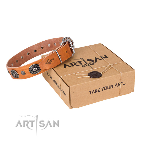 Gentle to touch natural genuine leather dog collar handcrafted for stylish walking