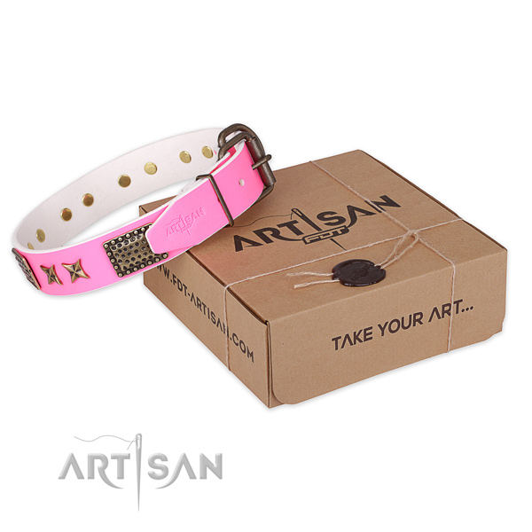 Rust resistant traditional buckle on full grain genuine leather collar for your lovely canine