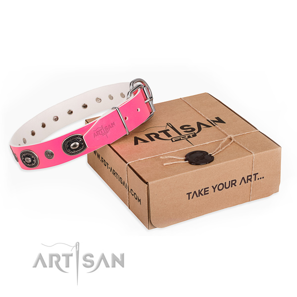 Gentle to touch natural genuine leather dog collar handmade for easy wearing
