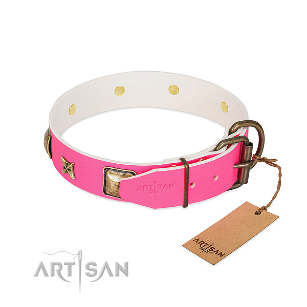Strong fittings on natural genuine leather collar for walking your doggie