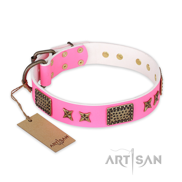 Impressive full grain natural leather dog collar with durable D-ring
