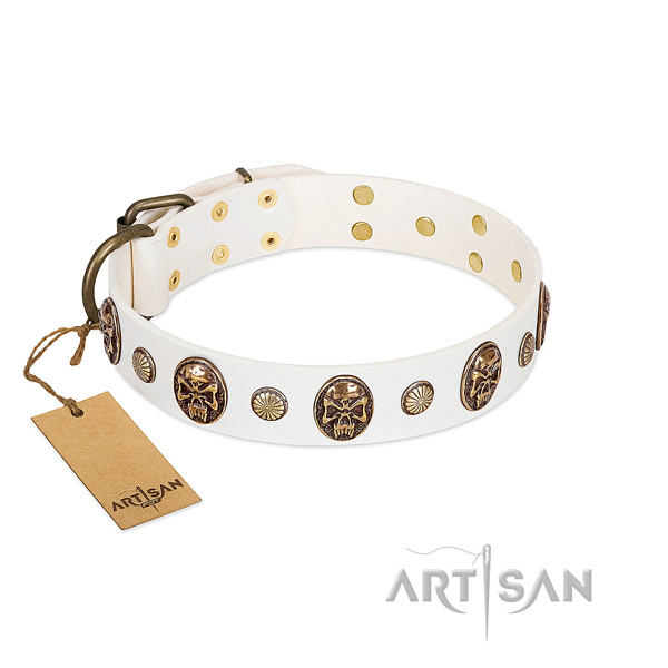 Adorned full grain natural leather dog collar for handy use