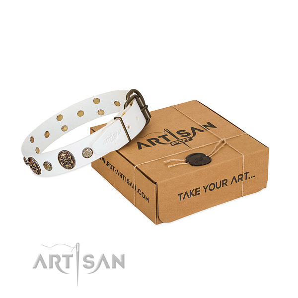 Durable D-ring on natural genuine leather dog collar for fancy walking