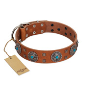 "Blue Sands" FDT Artisan Tan Leather English Bulldog Collar with Silver-like Studs and Round Conchos with Stones