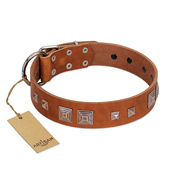 "Egyptian Gifts" Handmade FDT Artisan Tan Leather English Bulldog Collar with Chrome-plated Pyramids