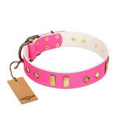 "Gentle Temptation" FDT Artisan Pink Leather English Bulldog Collar with Goldish Plates and Studs