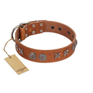 "Brave Spirit" Handmade FDT Artisan Designer Tan Leather English Bulldog Collar with Shields