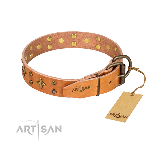 Daily walking full grain genuine leather collar with decorations for your pet