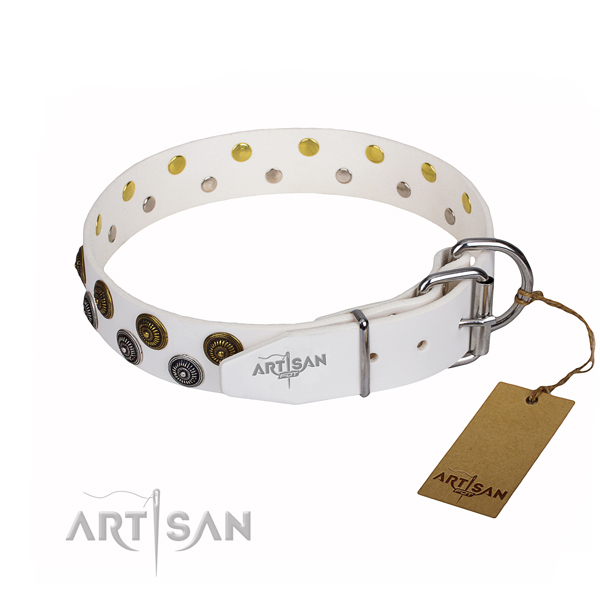 Walking natural genuine leather collar with decorations for your four-legged friend