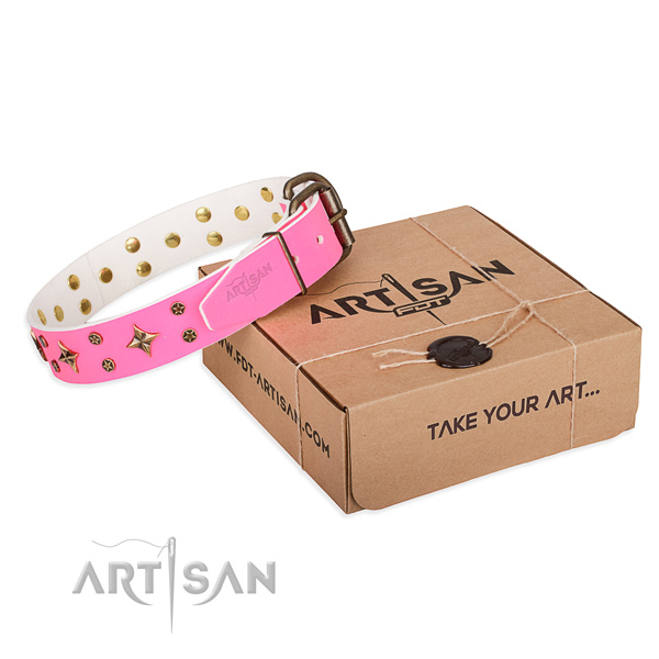 Embellished natural genuine leather dog collar for walking