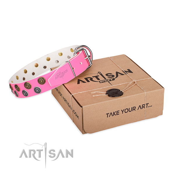 Studded genuine leather dog collar for handy use
