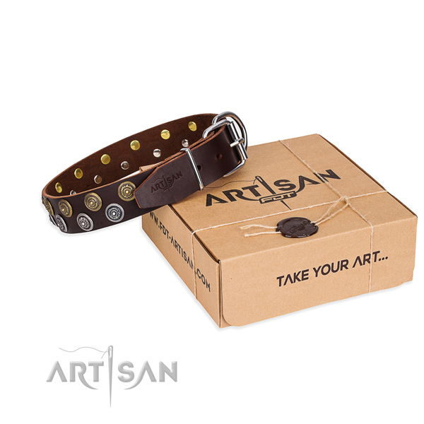 Leather dog collar with decorations for walking