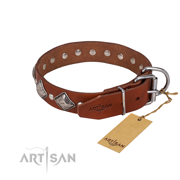 Genuine leather dog collar with worked out exterior