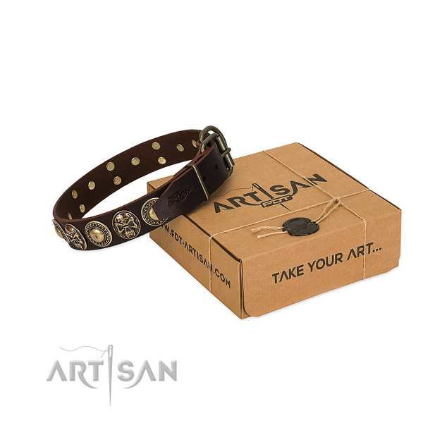 Embellished full grain genuine leather dog collar for daily use
