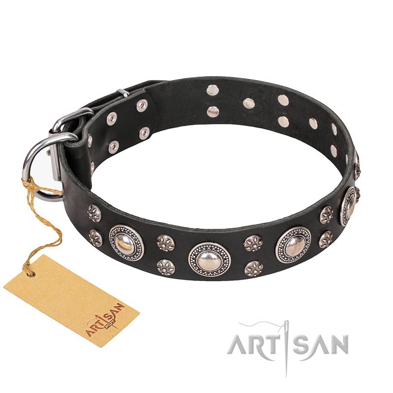FDT Artisan 'Vintage Necklace' Studded Black Leather English Bulldog Collar - 1 1/2 inch (40mm) wide
