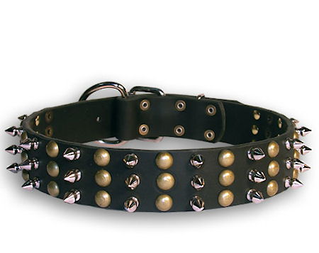 Leather Studded and Spikes Black collar 27'' for English Bulldog /27 inch dog collar-S59