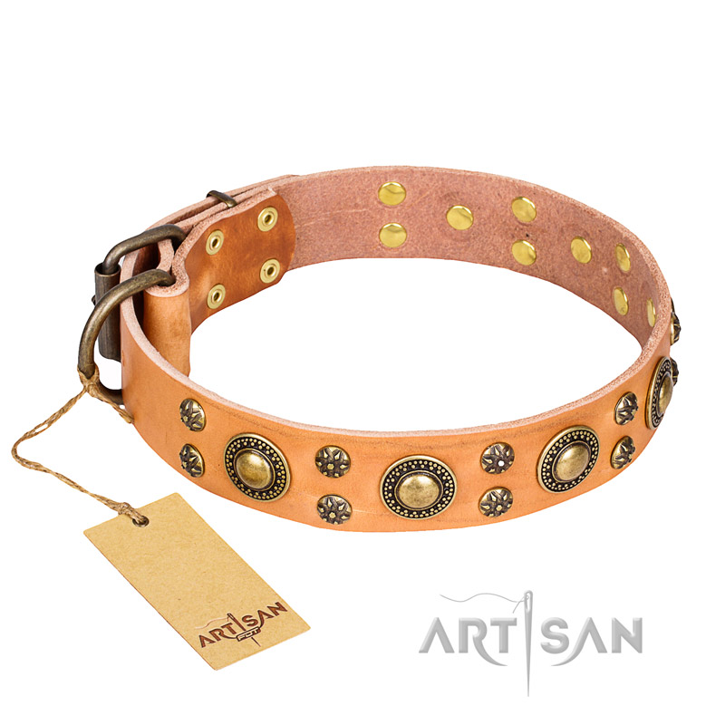 'Sophisticated Glamor' FDT Artisan English Bulldog Tan Leather Dog Collar with Fancy Old-Bronze Plated Decorations