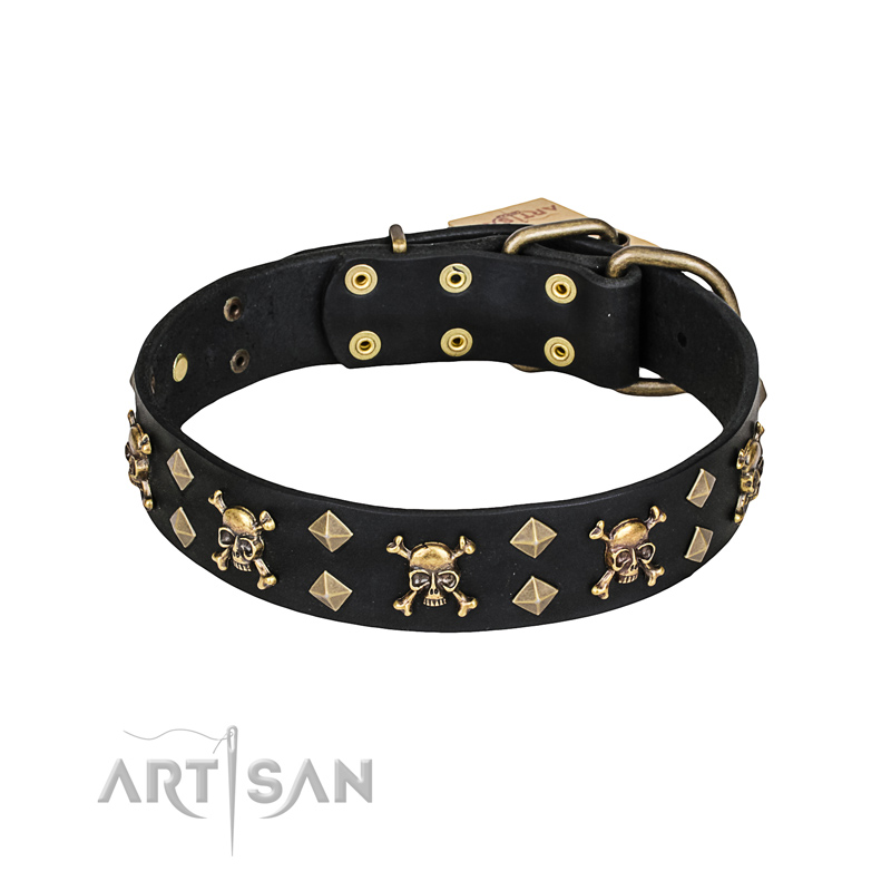 'Jolly Rojer' FDT Artisan English Bulldog Leather Dog Collar with Pirate Skulls and Studs