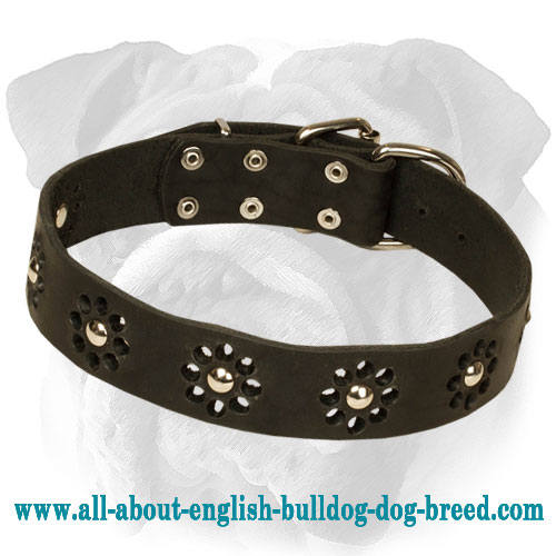 "Chic Goes Overboard" Genuine Leather English Bulldog Collar with Flowers - Click Image to Close