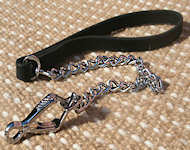 Quality dog leash with leather handle and Herm Sprenger chain and snap hook for English Bulldog