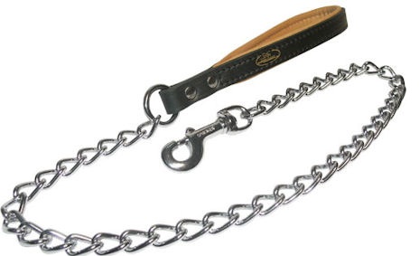 English Bulldog Leash with HS Stainless Steel Chain and Nappa Padded Leather Handle