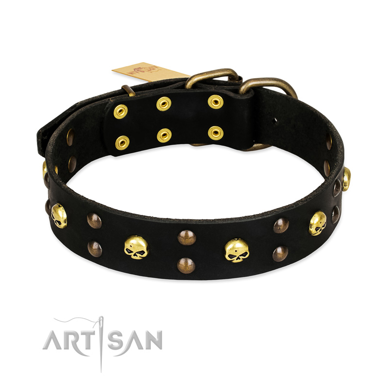 FDT Artisan 'Heavy Metal' Leather English Bulldog Collar with Skulls and Studs 1 1/2 inch (40 mm)