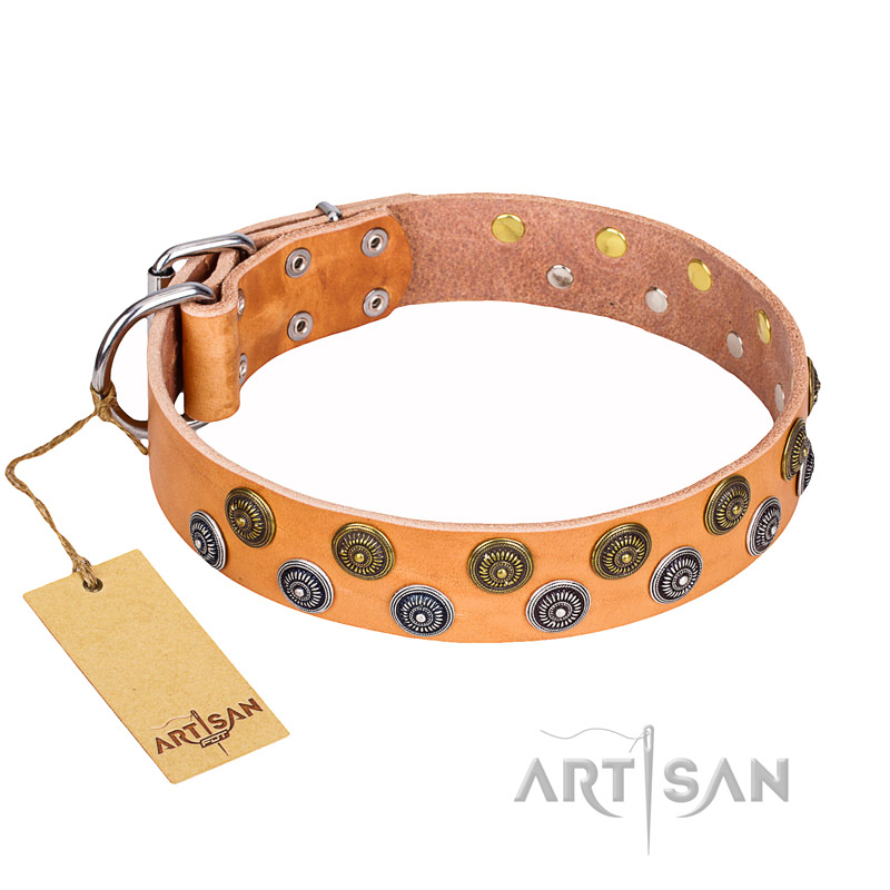 "Precious Sparkle" FDT Artisan Adorned with Brooches Leather English Bulldog Collar - 1 1/2 inch (40 mm) wide