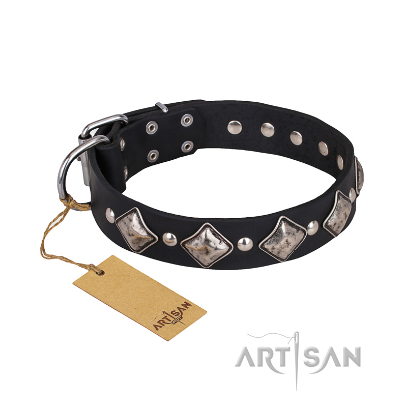 'Silver Charm' FDT Artisan Outstanding Leather Collar for English Bulldog with Studs and Plates