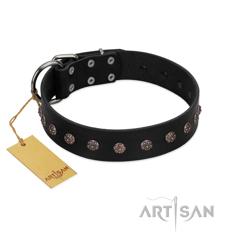 "Flower Rhapsody" FDT Artisan Premium Quaulity Black Leather English Bulldog Collar