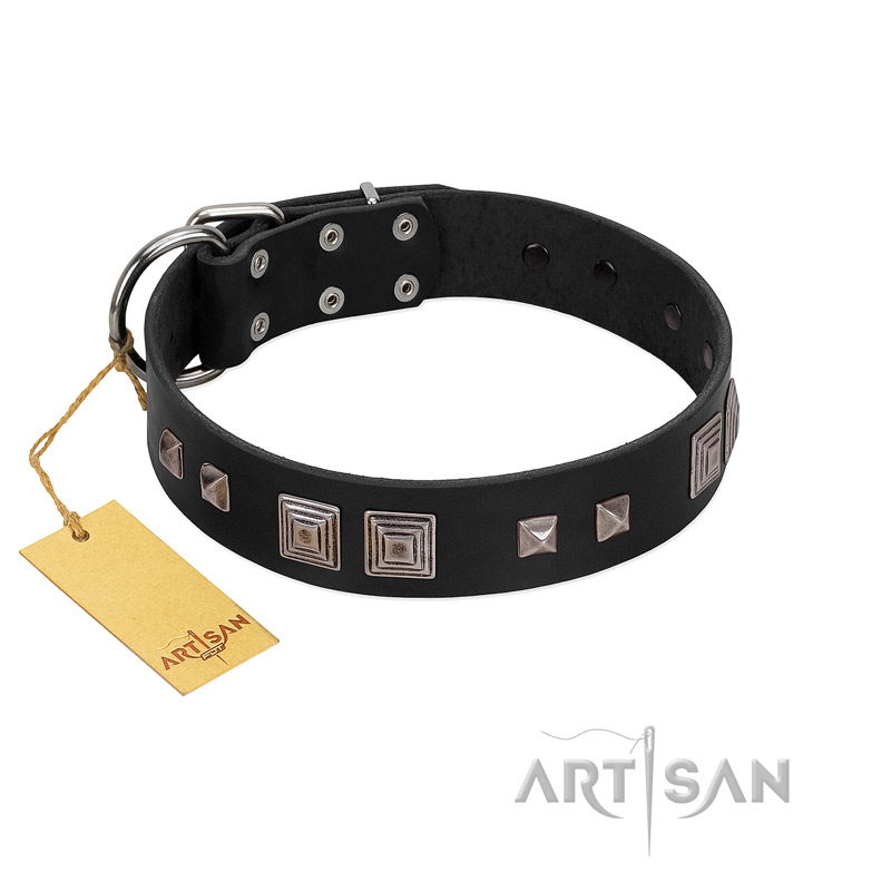 "Foregone Riches" FDT Artisan Black Leather English Bulldog Collar with Old Silver-like Square Studs and Pyramids