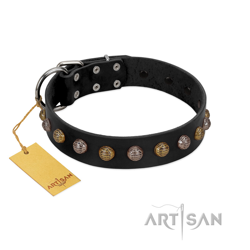 "Inky Prettification" FDT Artisan Black Leather English Bulldog Collar with One Row of Studs - Click Image to Close