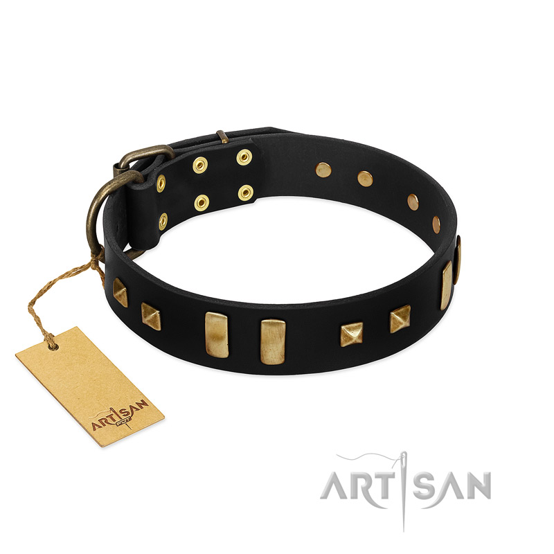 "Fit for Royalty" FDT Artisan Black Leather English Bulldog Collar with Plates and Small Square Studs - Click Image to Close