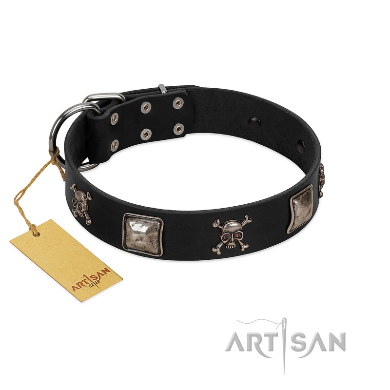 "Sea Rover" Embellished FDT Artisan Black Leather English Bulldog Collar with Chrome Plated Crossbones and Plates - Click Image to Close