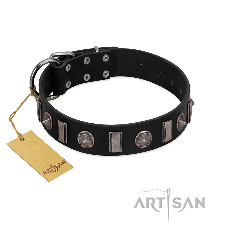 "Silver Spikes" Exclusive FDT Artisan Black Leather English Bulldog Collar