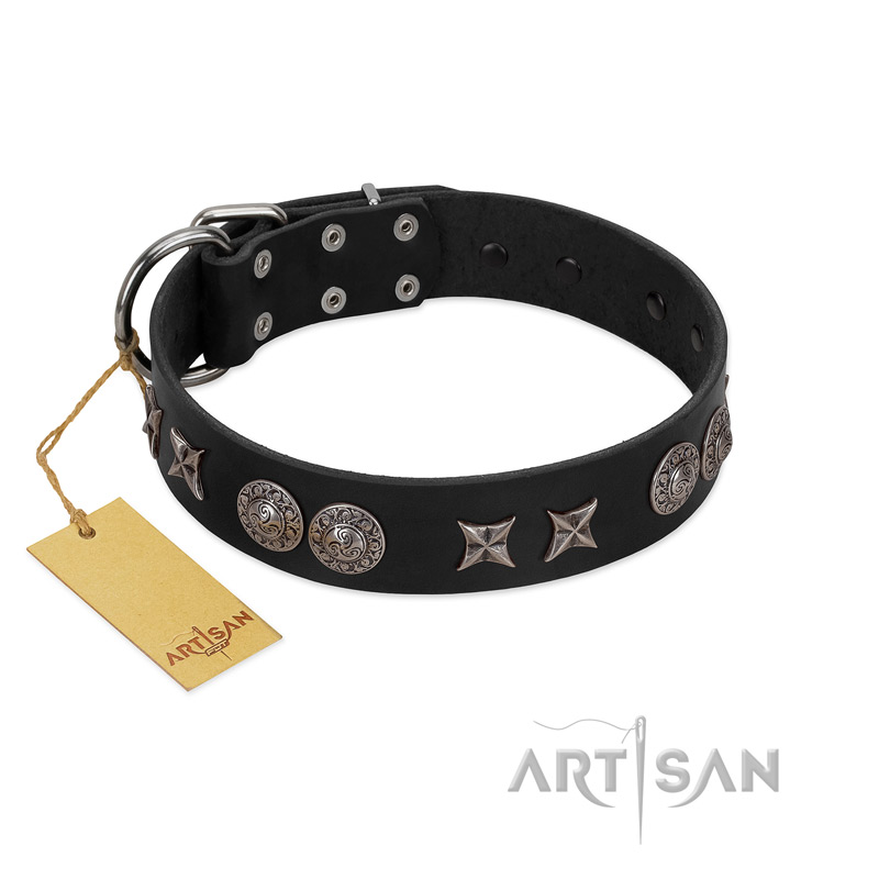 "Scythian Silver" Stylish Handmade FDT Artisan Black Leather English Bulldog Collar