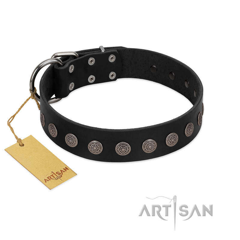 "Silent Star" Handmade FDT Artisan Designer Black Leather English Bulldog Collar with Engraved Plates
