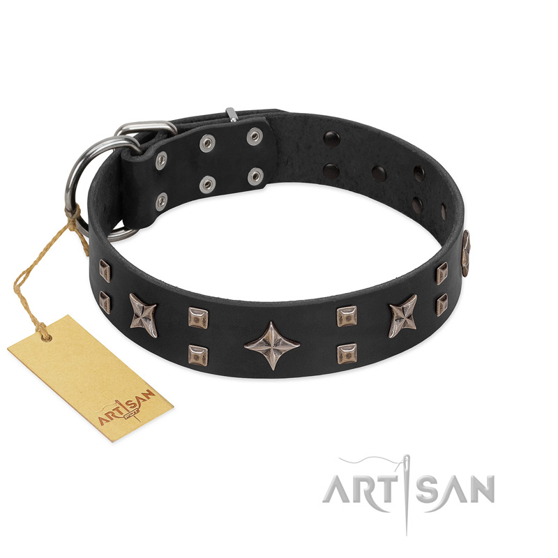 "Star Excitement" Modern FDT Artisan Black Leather English Bulldog Collar with Studs and Stars