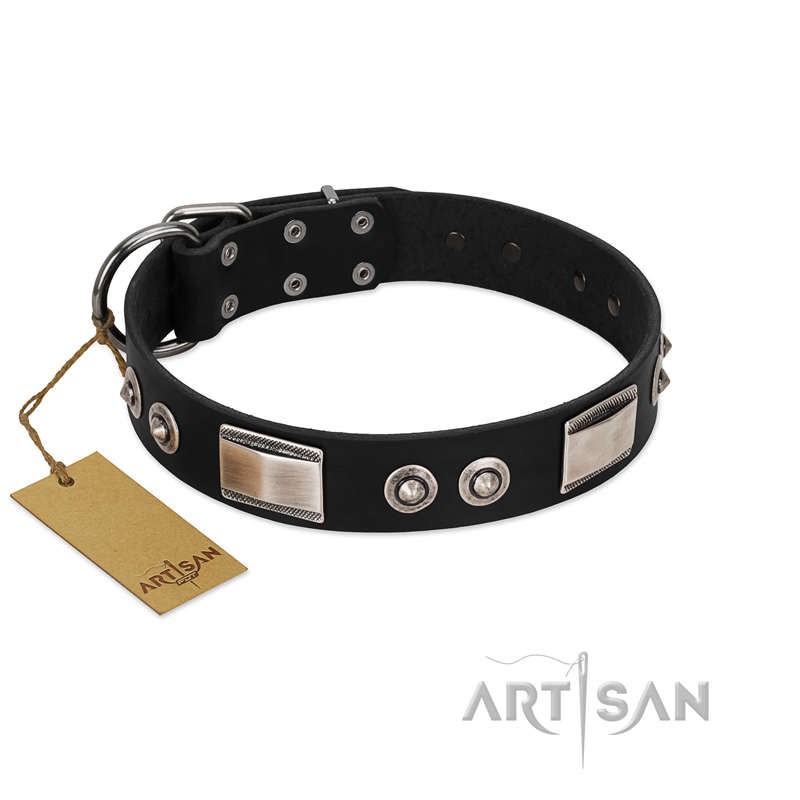 "Grand Wear" FDT Artisan Black Leather English Bulldog Collar with Shining Plates and Spiked Studs - Click Image to Close